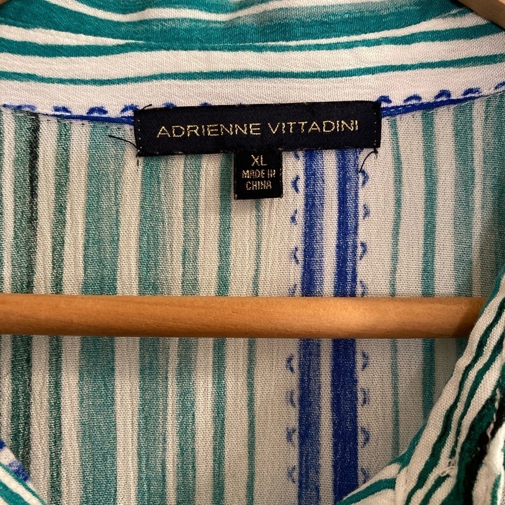 Adrienne Vitadini teal, blue & white striped 3/4 sleeve button up blouse - Picture 3 of 5